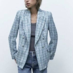 Zara Blue Textured Double Breasted Blazer